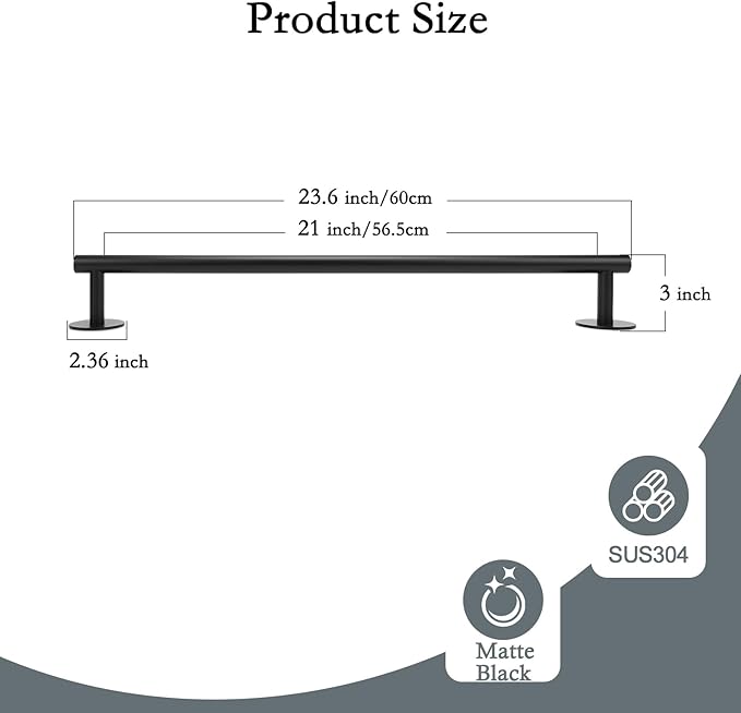 24 Inch Matte Black Towel Rack-Over The Door Towel Rack,Wall Mounted Towel Racks for Bathroom, Bathroom Towel Holder&Towel Bar,No Drill Easy istall bathroorm Furniture