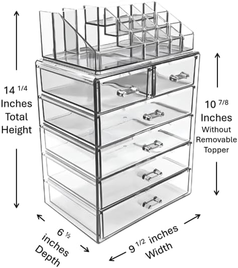 Acrylic Makeup and Jewelry Organizer. Multilevel with Drawers and Removable Topper.
