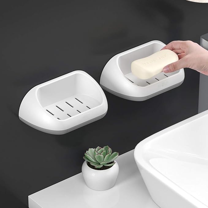 WFF Travel Soap Box, Bathroom Supplies, Multi-Function Automatic Drain Soap Bar, Non-Perforated, with Suction Cup, Wall-Mounted, Set of 2 (Color : A)