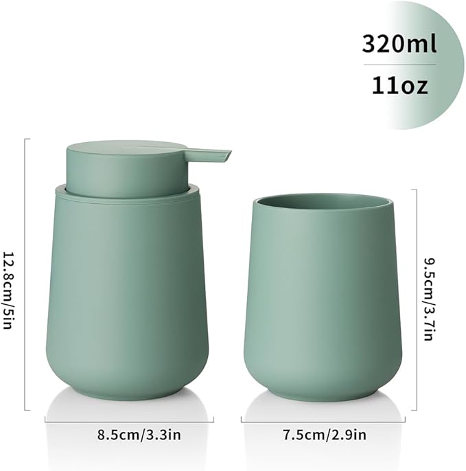 YAUKPH Matte Green Bathroom Accessories 2 Piece Set Plastic Soap Dispenser and Toothbrush Holder for Modern Bathroom Decor