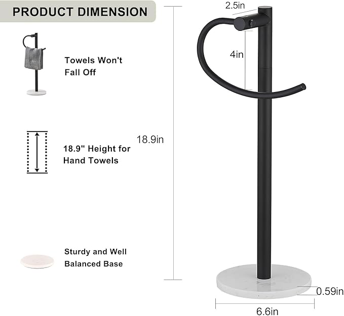 Modern Hand Towel Holder Stand, Freestanding Design with Marble Base,Good Decorating and Using in Bathroom or Kitchen to hange Hand Towel on Vanity countertop,Towel Rack (Black)