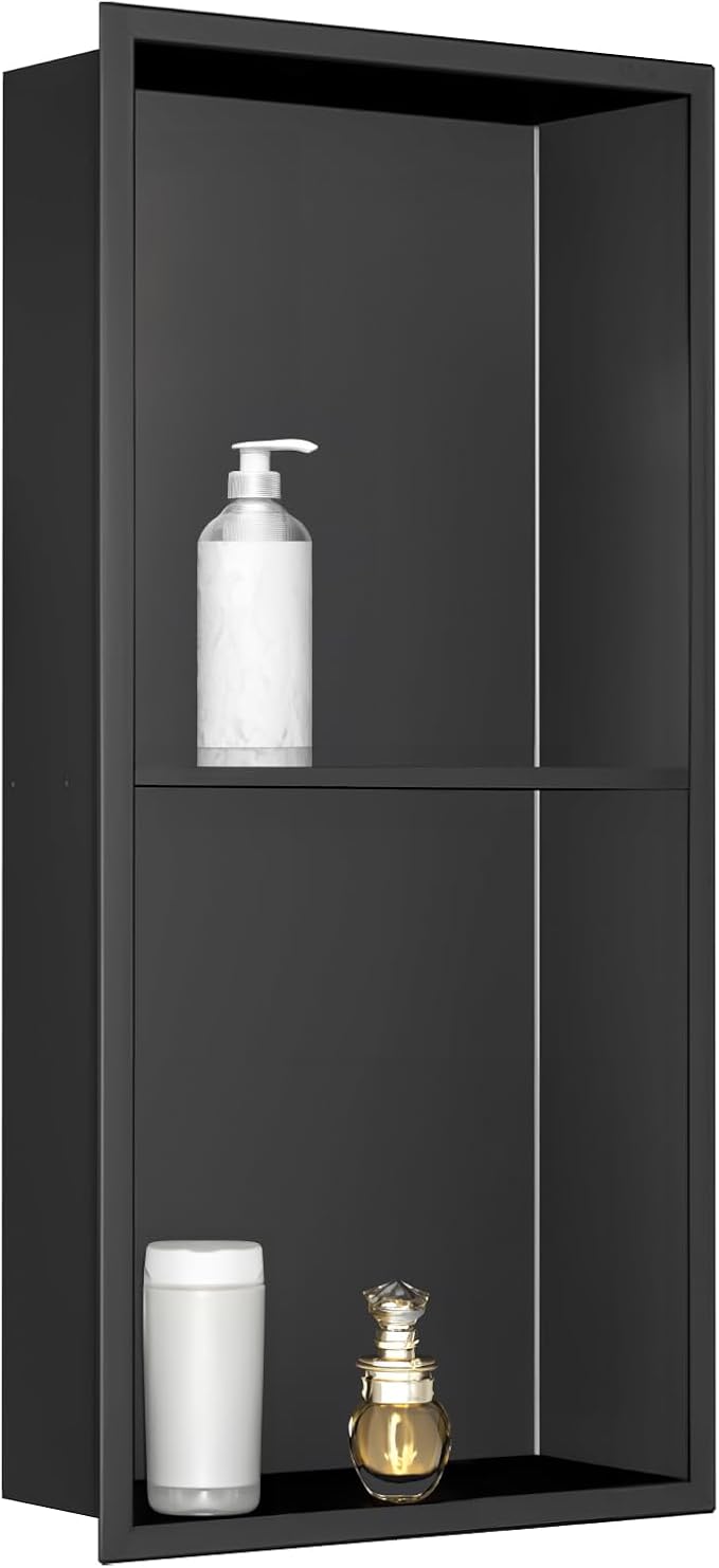 SaniteModar Shower Niche, Stainless Steel Shower Niche No Tile Needed, Recessed for Bathroom Storage (Matte Black, 12x24,Double)