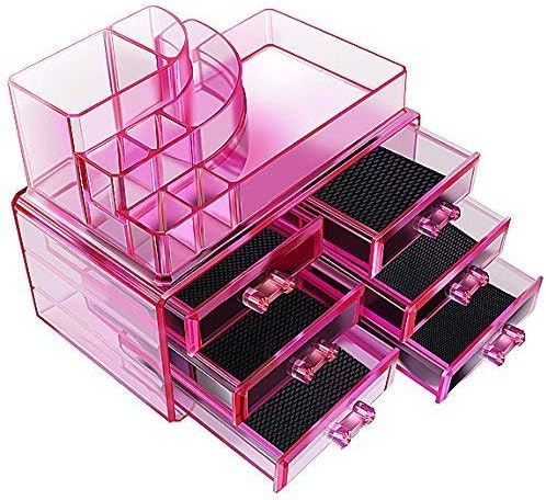 Pink Acrylic Cosmetics Makeup Jewelry Organizer 6 Drawers with 8 Compartments Top Section ( idea for Christmas, birthday gift)
