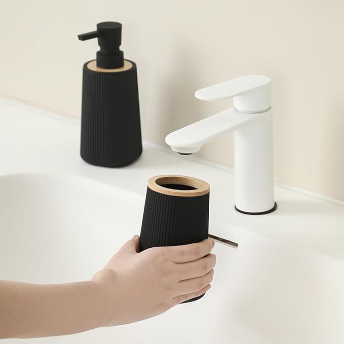 YAUKPH Bathroom Accessories Set 2 Piece Soap Dispenser and Toothbrush Holder for Bathroom Countertop Striped Black and Bamboo