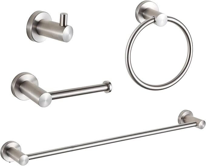 4-Piece Bathroom Hardware Set，Brushed Nickel SUS304 Stainless Steel Wall Mounted Bathroom Accessories Kit Include Adjustable Expandable Towel Bar，Hand Towel Ring, Toilet Paper Holder, Robe Hook