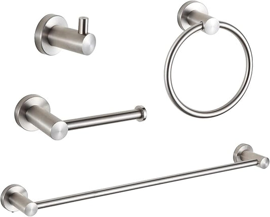 4-Piece Bathroom Hardware Set，Brushed Nickel SUS304 Stainless Steel Wall Mounted Bathroom Accessories Kit Include Adjustable Expandable Towel Bar，Hand Towel Ring, Toilet Paper Holder, Robe Hook