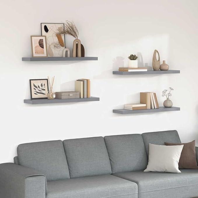 Set of 4 Floating Wall Shelves, 35.4-inch Modern Grey MDF Wood Storage Ledge for Living Room, Bedroom, and Office Decor, Decorative Display Shelves