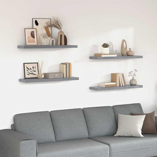 Set of 4 Floating Wall Shelves, 35.4-inch Modern Grey MDF Wood Storage Ledge for Living Room, Bedroom, and Office Decor, Decorative Display Shelves