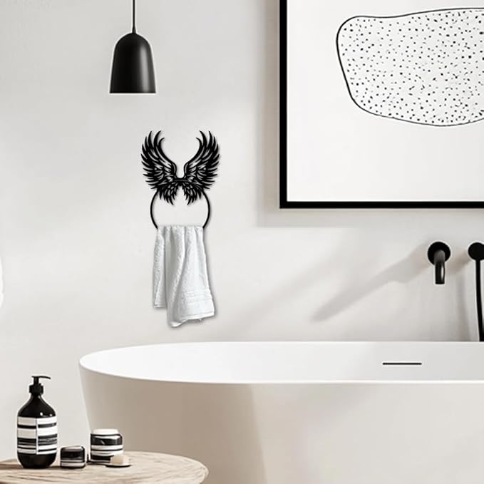 MAYJOYDIY Angel Wings Metal Towel Ring Feather Wings Towel Holder Bath Towel Ring for Wall Black Art Towel Rack Wall Mounted for Bathroom Kitchen Towel Hanger Home Decors Gift