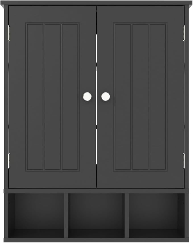 Bathroom Medicine Cabinet 2 Doors with 3 Open Shelves, Over The Toilet Storage Wall Mounted Medicine Cabinet with Adjustable Partitions，Home Cabinet for Bathroom,Living Room,Kitchen,Black