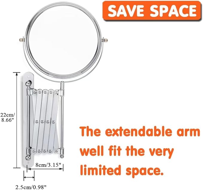 Welllink 7Inch Extendable Bathroom Makeup Mirror with Long Adjustable Arm, 1X/3X Magnification, High-Definition Glass, Chrome Finish, Space Saving Screw Mount