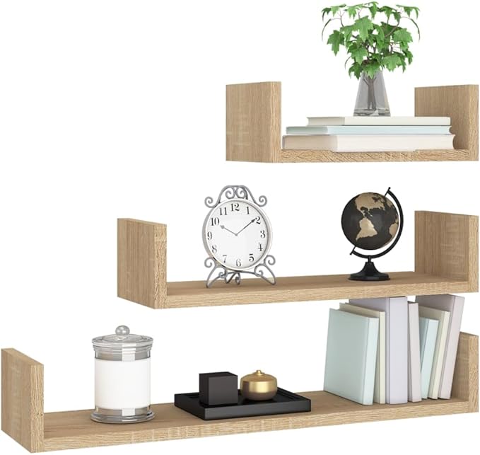 Set of 3 Floating Shelves, Sonoma Oak Engineered Wood Wall Mounted Storage Display Racks for Bedroom, Living Room, Kitchen, Small, Medium, Large