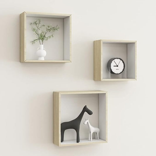 Wall Cube Shelves 3 pcs White and Sonoma Oak Modern Floating Shelves Set for Living Room Bedroom Decor with Invisible Mounting System Storage Display Organizer
