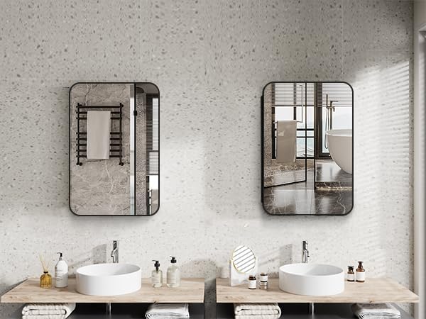 24x16 Inch Bathroom Medicine Cabinet Black, Wall Mounted Bathroom Medicine Cabinets or Recessed Mirror Cabinet Rounded Rectangle Medicine Cabinets