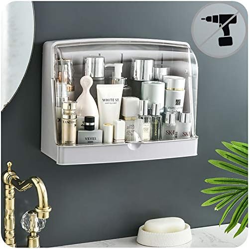 Cosmetic Organizer for Bathroom, No Drilling Wall Mount Makeup Organizer Dustproof & Waterproof Cosmetics Display Cases,Makeup Storage Box,Perfume rack,Kitchen Spice Rack, Clear-Gray White