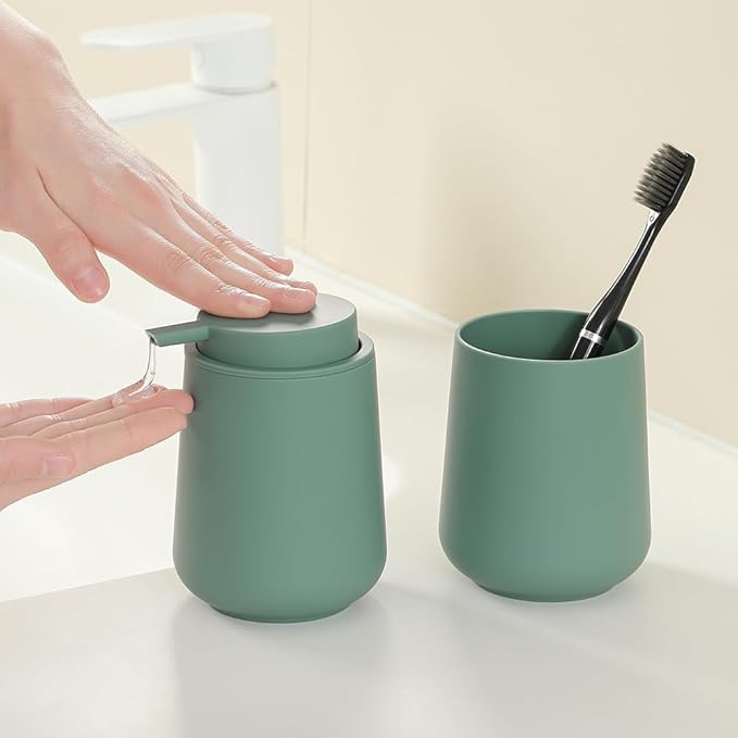 YAUKPH Matte Green Bathroom Accessories 2 Piece Set Plastic Soap Dispenser and Toothbrush Holder for Modern Bathroom Decor