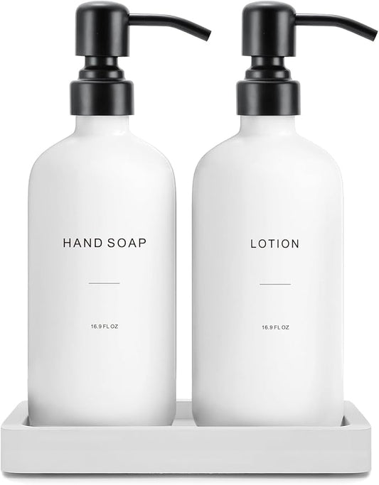Prus Waso White Soap Dispenser Set, Contains Hand and Lotion Dispenser with Pump. Perfect for Guest Bathroom Decor. (White)