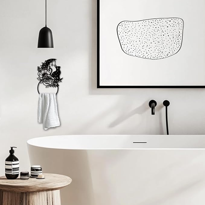 MAYJOYDIY Moon Cat Metal Towel Ring Rose Flower Towel Holder Moon Star Polka Pattern Towel Ring Black Art Towel Rack Wall Mounted for Bathroom Kitchen Towel Hanger Home Decors Gift