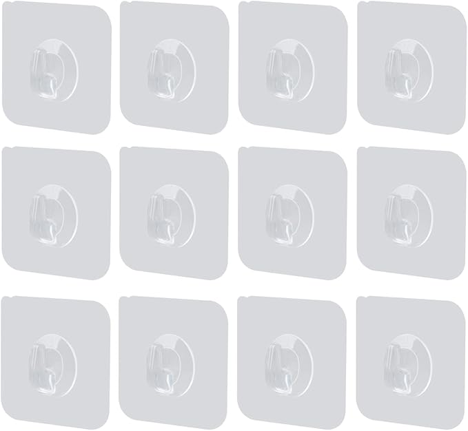LAIGOO 12 Pack Adhesive Wall Hooks, Clear Self Adhesive Hooks Transparent Sticky Towel Hook Wall Hangers for Office/Kitchen/Bathroom/Shower Hanging/Coat/Picture
