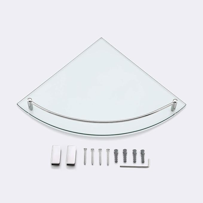 Glass Corner Shelf Bathroom Shelf Tempered Glass with Rail SUS 304 Stainless Steel Floating Wall Mount Bracket Polished Chrome Finish