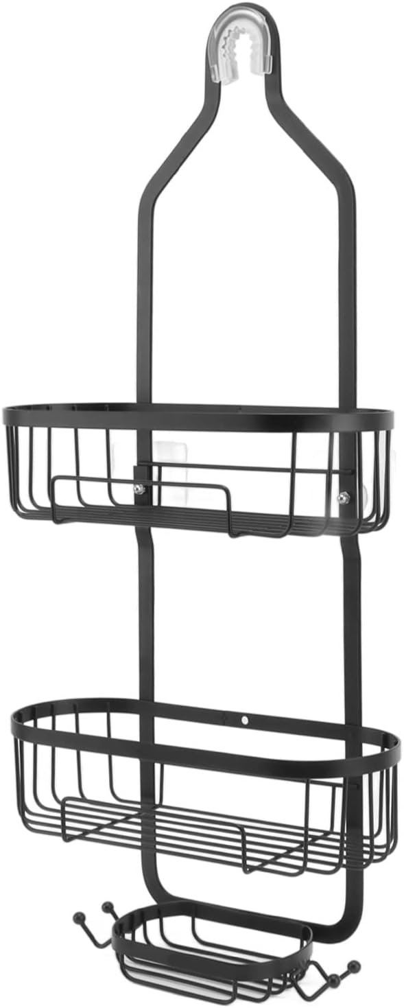 Metal Iron Wall Mounted Bathroom Basket, 2 Layer Punch Free Bathroom Shelves, Rust Storage Basket for Tile and Glass Surfaces, Easy Install Toilet Accessories for Bathroom (Black)