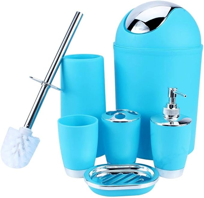 Ejoyous Bathroom Accessories Set 6 Piece Bath Accessory Bathroom Supplies Set with Bin Holder Dish Dispenser Tumbler Toothbrush Holder, Blue