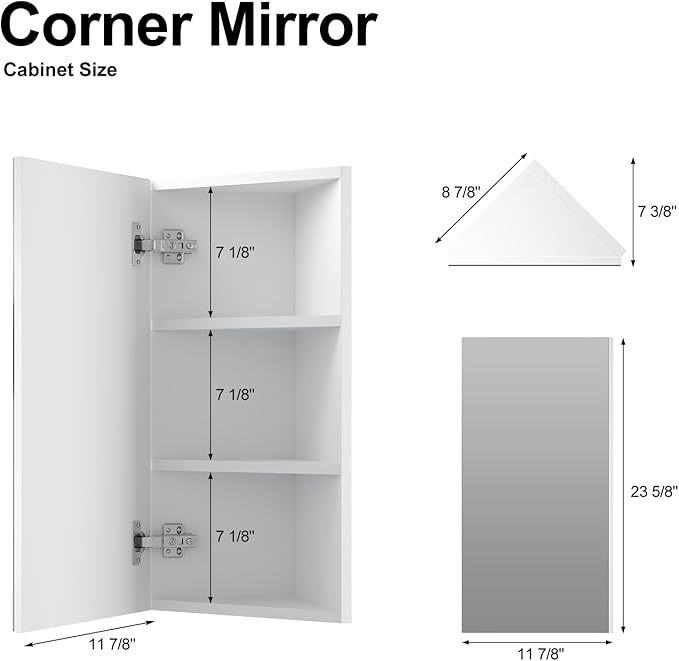 Corner Medicine Cabinet with Mirror,Bathroom Small Corner Medicine Cabinet, Wall Mount Bathroom Storage Cabinet,Opens Left & Right,Triple Shelf,12.6" W x 7.3" D x 23.6" H