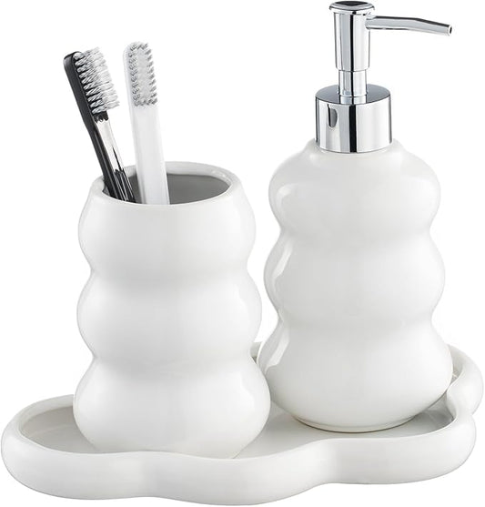 3-Piece White Ceramic Bathroom Accessories Set with Tray, Lotion Dispenser, and Tumbler for a Luxurious Bath Experience