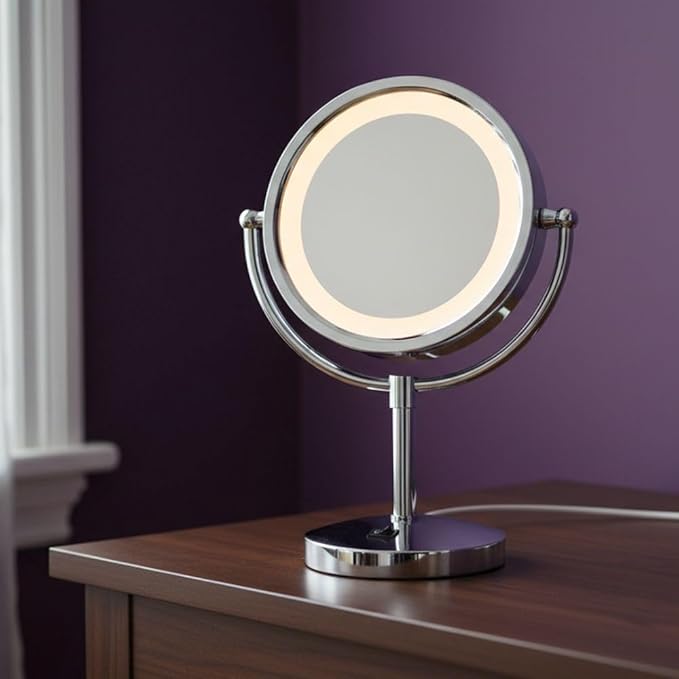 JERDON LED Lighted Makeup Mirror - 5X Magnifying Tabletop Vanity Mirror for Makeup, Skincare, & Grooming - 8.5" Chrome Finish, 360° Swivel, Built-in Outlet - Model HL745CO
