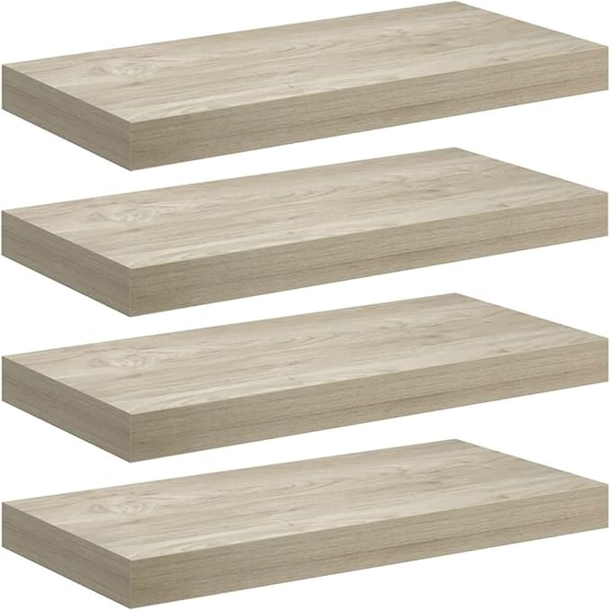 Set of 4 Floating Wall Shelves, 19.7 x 9.1 Inch Rectangular Modern Wood Wall Mount Display Ledge for Bedroom, Living Room, and Office, Brown