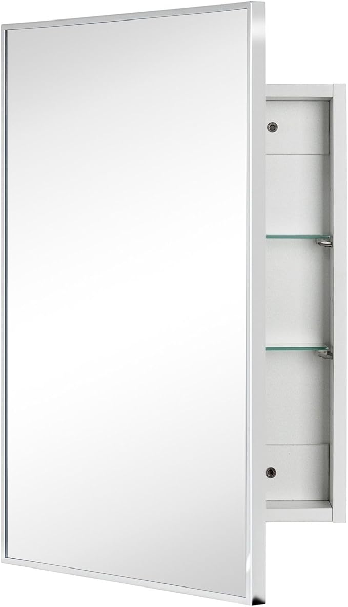 TEHOME 16.5'' x 24'' Chrome Recessed and Surface Mount Bathroom Medicine Cabinet with Mirror Square Cornered Metal Framed Rounded Rectangle Medicine Cabinet Mirror