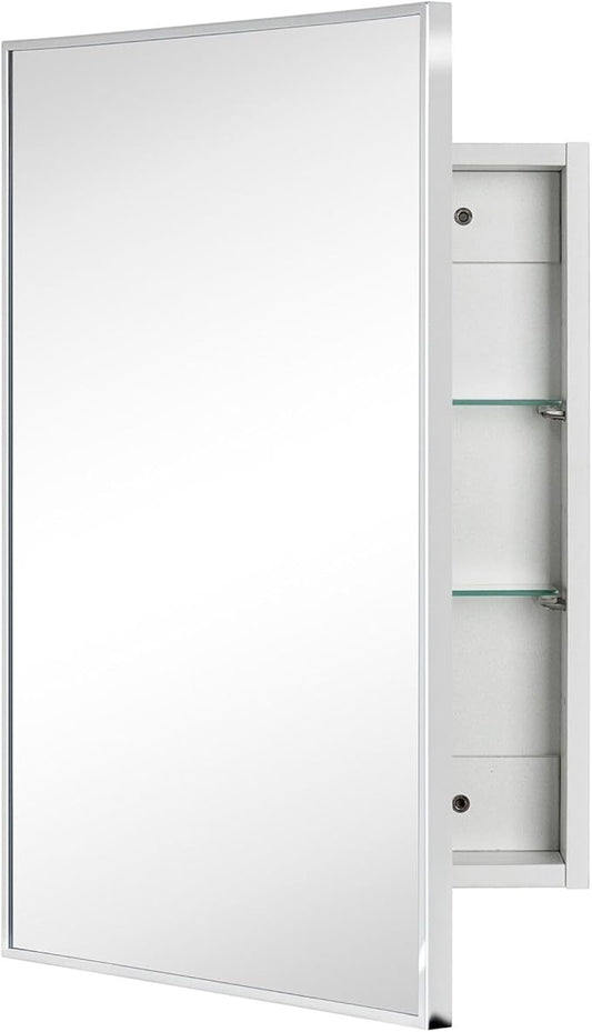 TEHOME 16.5'' x 24'' Chrome Recessed and Surface Mount Bathroom Medicine Cabinet with Mirror Square Cornered Metal Framed Rounded Rectangle Medicine Cabinet Mirror