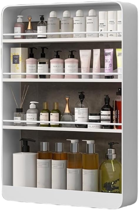 Multi-Layer Wall Mounted Bathroom Shelves, Punch-Free Makeup Organizer, Metal Wall Hanging Spice Rack, Multifunctional Wall Shelves for Kitchen, Bathroom or Living Room(White,Large)