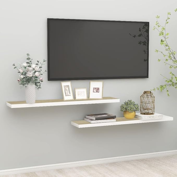 Floating Wall Shelves 2 Pack Oak White Modern Display Rack 47.2x9.3x1.5 Inches MDF Honeycomb Storage Shelves for Living Room Bedroom Office Decor
