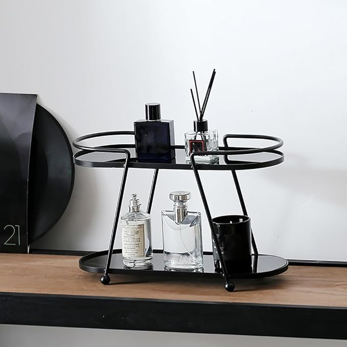 2-Tier Bathroom Organizer Countertop,Spice Rack Organizer,Cosmetics Storage Shelf, Acrylic Standing Holder,Black