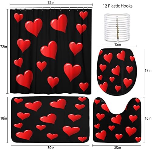 LOKMU 4 Pcs Shower Curtain Sets with Non-Slip Rugs, Toilet Lid Cover and Bath Mat,Black and Red Hearts Waterproof Shower Curtain with 12 Hooks, Bathroom Decor Sets, 72" x 72"