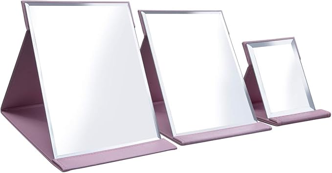 LONGSHENG - SINCE 2001 - Protable PU Leather Mirror Folding Desktop Makeup Mirror with Adjustable Stand for Personal Use,Travelling (L, Pink)
