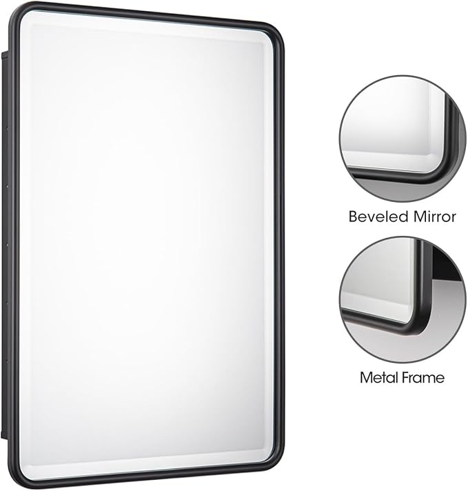 Black Bathroom Medicine Cabinet with Mirror 16 x 24 Metal Frame Recessed Or Wall Mounted Single Door Storage Medicine Cabinet with Adjustable Shelves Rounded Rectangle Beveled Mirror