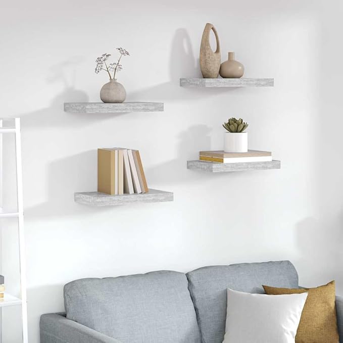 Floating Wall Shelves Set of 4, Concrete Gray Modern Invisible Mounting Display Shelves for Living Room Bedroom, 15.7x9.1 Inches, Durable MDF and Metal Frame, Easy Installation, Holds 11 lbs Each