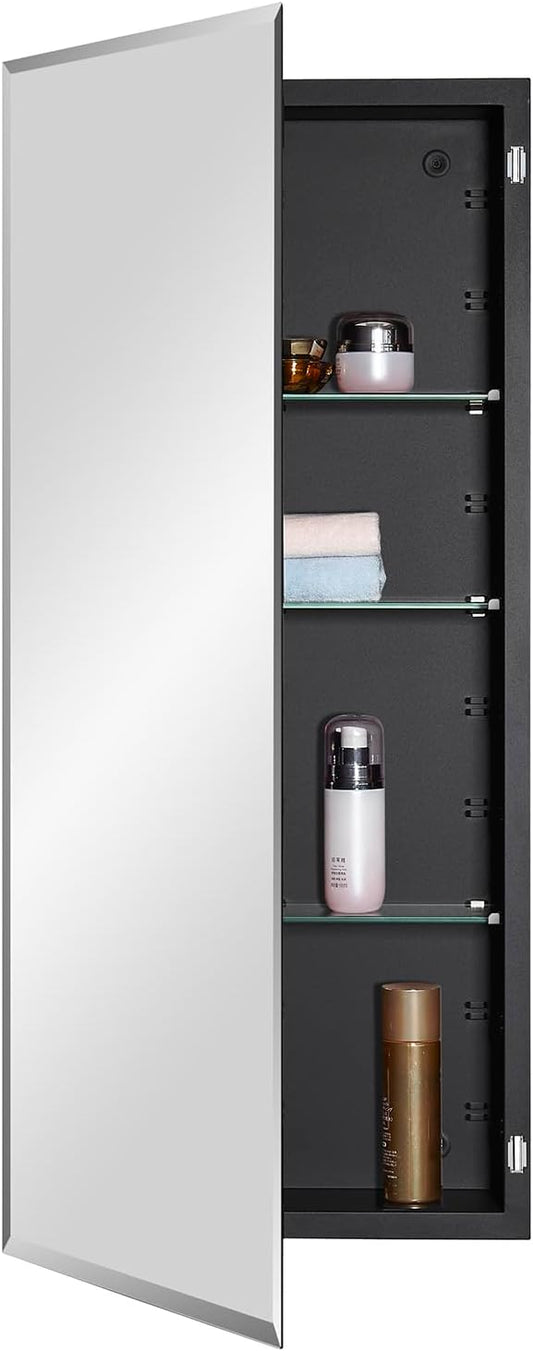 IDYLLOR Black Bathroom Medicine Cabinet with Beveled Edge Mirrored Door 16 x 36 inch, Recessed or Surface Mount, with Adjustable Glass Shelves