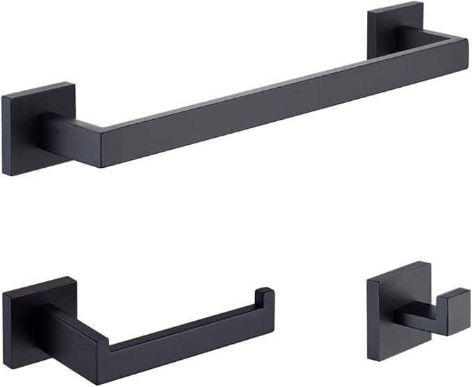 TASTOS 3-Piece Bathroom Hardware Set Matte Black Wall Mounted Bathroom Accessory Set, Premium Stainless Steel Robe Hook Toilet Paper Holder 16-Inch Towel Bar (Black)