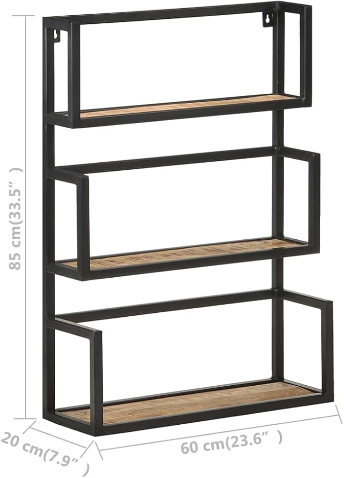 Rustic Wall Shelf with Iron Frame, 3-Tier Mango Wood Floating Shelves 23.6x7.9x33.5 Inches, Natural Wood Grain for Living Room, Bedroom, Bathroom Decor, Sturdy Storage for Books and Plants
