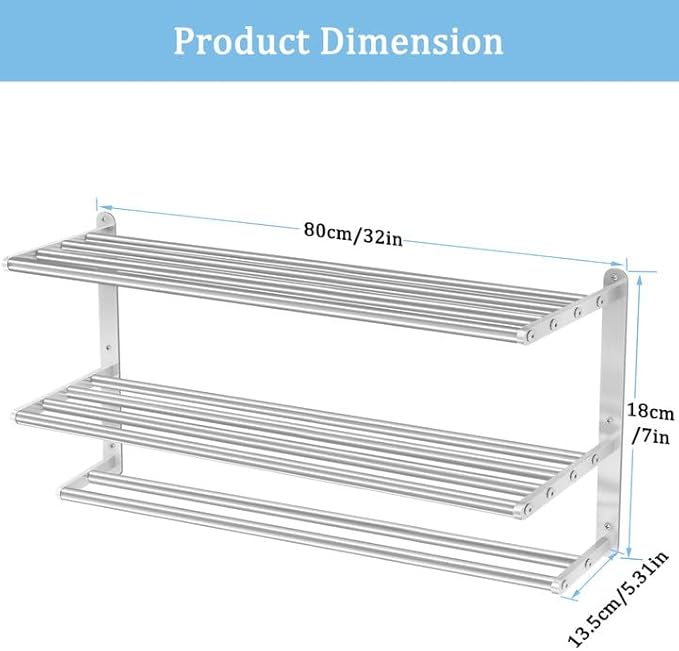 3 Tier Towel Racks for Bathroom Wall Mounted, 32 inch Bathroom Shelf with Towel Bar, Brushed Nickel Shelves for Towels, Stainless Steel Modern Silver Multi Holder