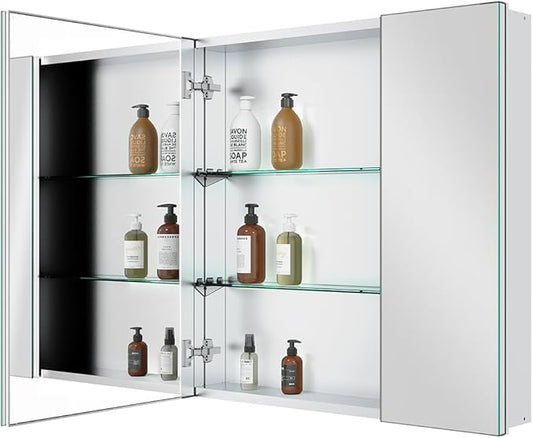 Quavikey Medicine Cabinet for Bathroom with Mirror 2 Doors Aluminum Surface Mount or Recessed Mirror Medicine Cabinet 30x30 Inch, Silver