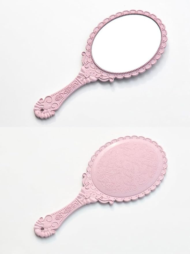 AKOAK Vintage Handheld Makeup Mirror, Exquisite Embossed Decorative Handle Makeup Mirror Portable Travel Mirror for Girls and Ladies (Oval, Pink)