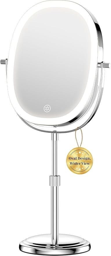 9″ Makeup Mirror with Lights, 7X Magnification, Height Adjustable Vanity Mirror, Rechargeable 3 Color Lighting Mode, 360° Swivel Double Sided Magnifying Mirror, Chrome, Gift for Women
