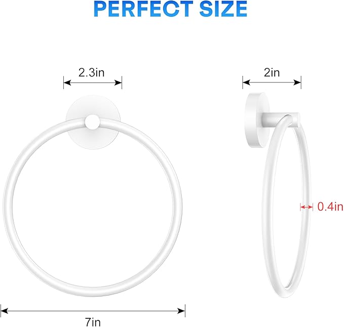 Hand Towel Holder Screw-in Stainless Steel Towel Ring for Bathroom Wall White Towel Hanger Round Towel Racks for Bathroom Decor and Accessories, 2 Packs