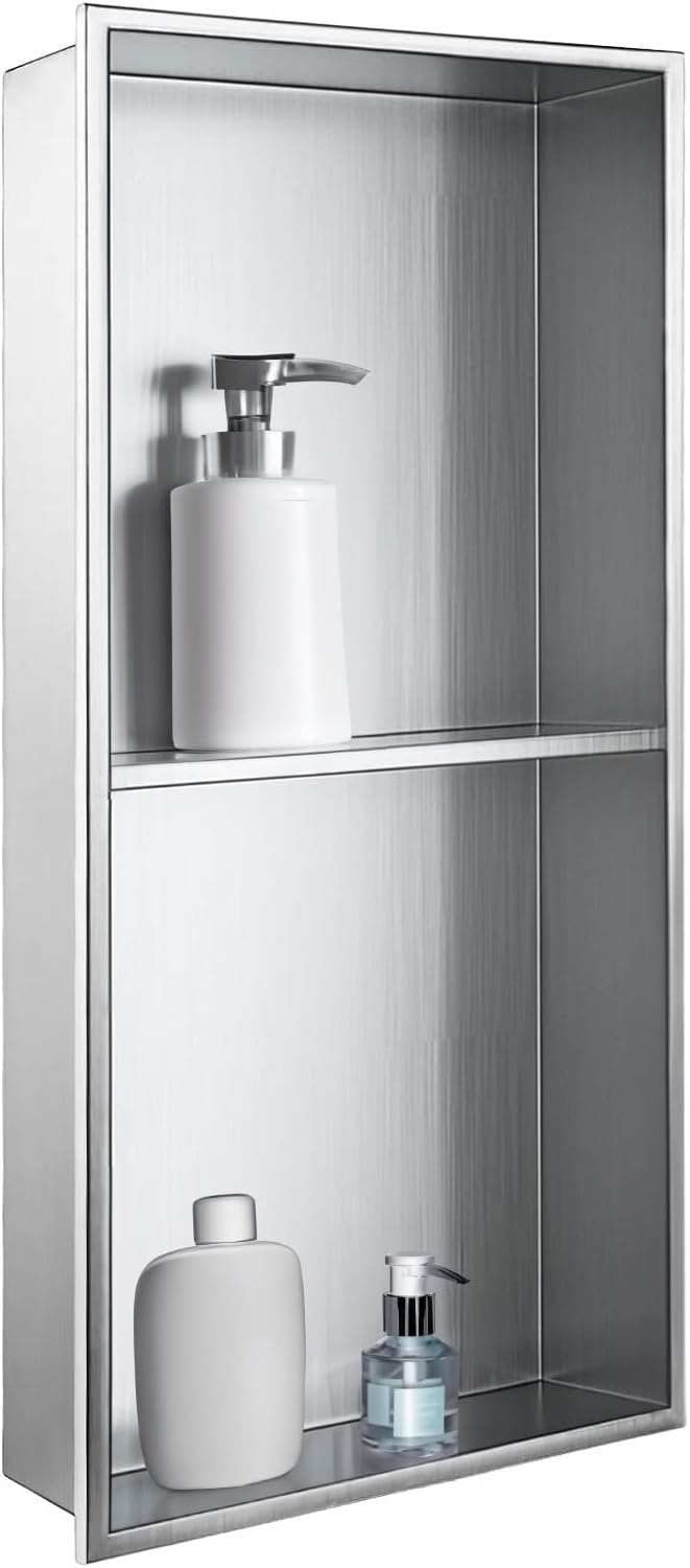 SaniteModar Shower Niche, Stainless Steel Shower Niche No Tile Needed, Recessed for Bathroom Storage (Brushed Silver, 12x24,Double)