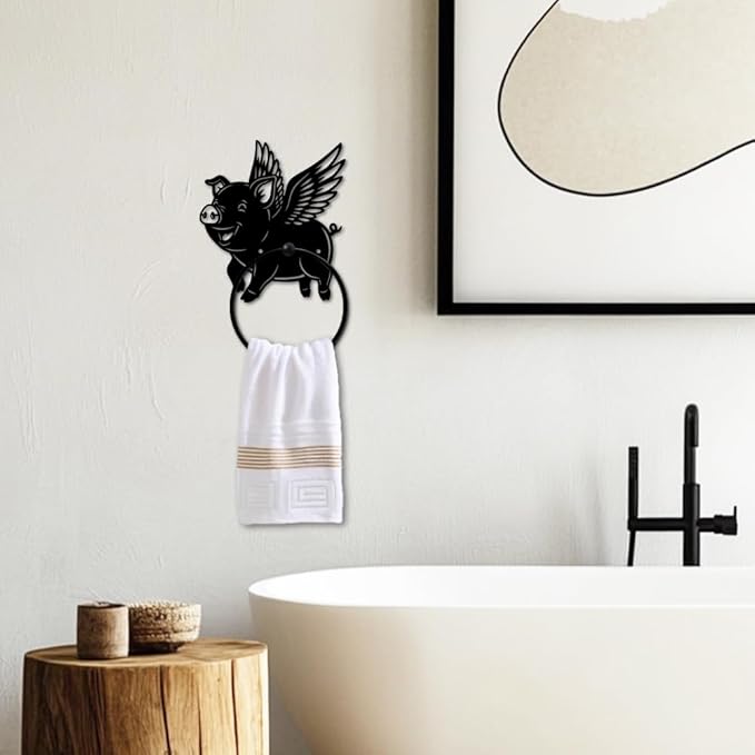MAYJOYDIY Flying Pig Metal Towel Ring Round Wings Pig Hand Towel Holder Animals Ring Hanger Wall Mount Black Vintage Towels Wall Organizer for Kitchen Bath Home Laundry Room Decors Gifts