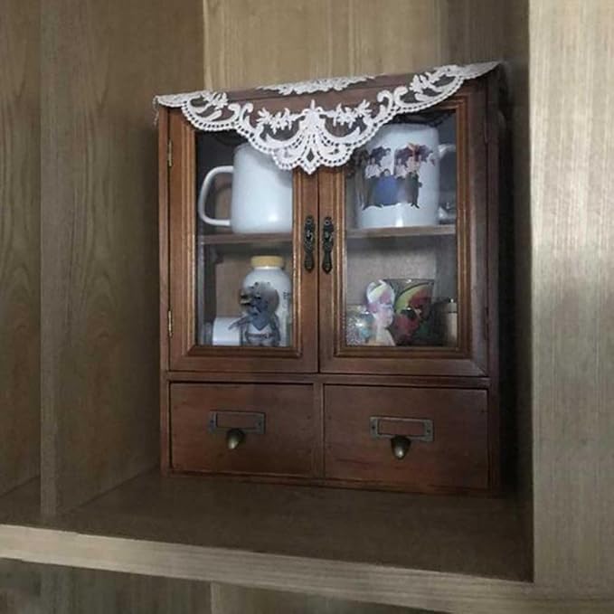 Rosetta Mini Countertop Country Vintage Locker, Wall-Mounted Wood Display with Organic Glass Door, Food Storage, 2 Bottom Drawers-Pharmacist Cabinet-Display Cabinet (Burnt Wood Color)